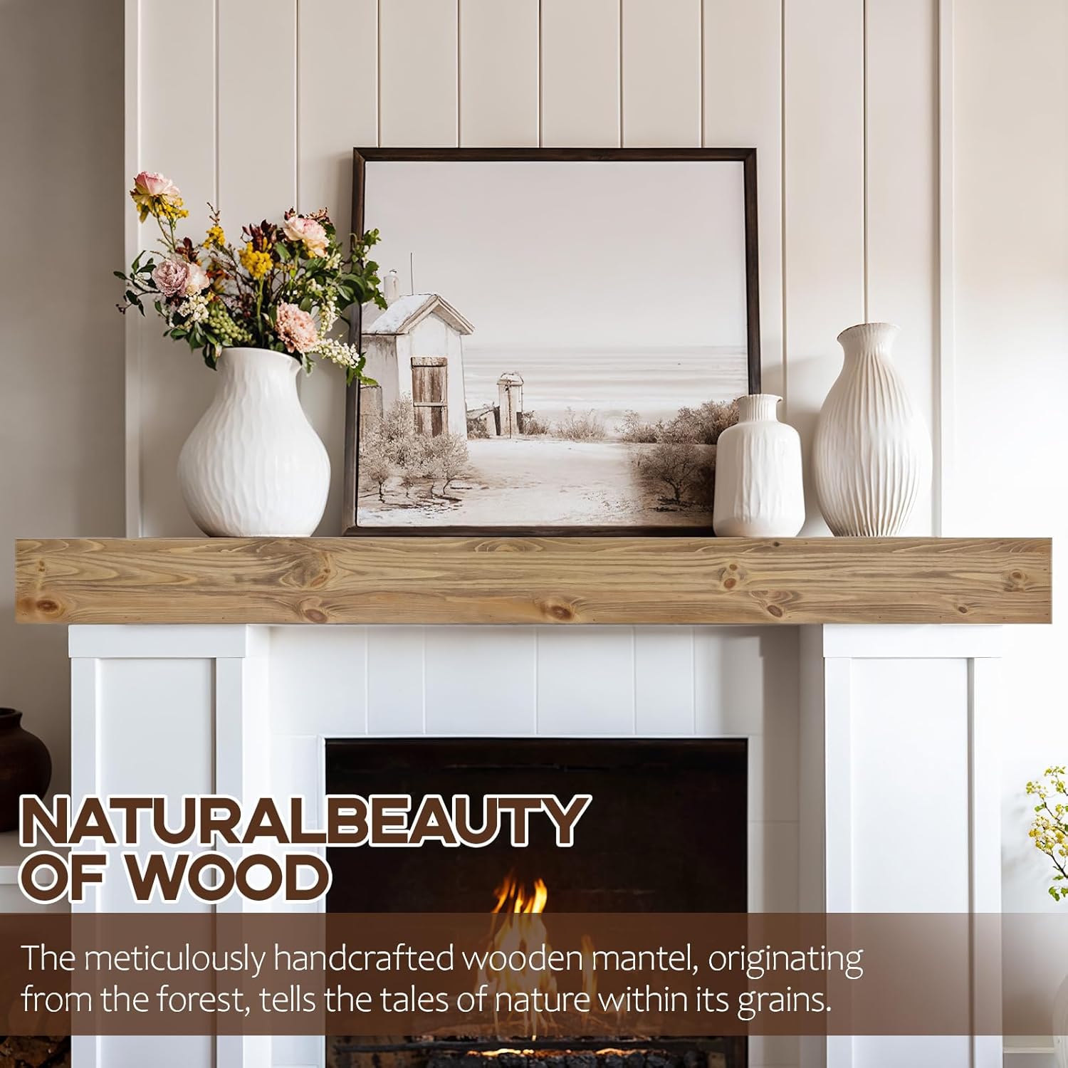Fireplace Mantel Shelf, 84x8x5 Wooden Floating Shelf Over the Fireplace, Wall-Mounted Mantel Shelves, Rustic Floating Mantels Shelves, Oak Color