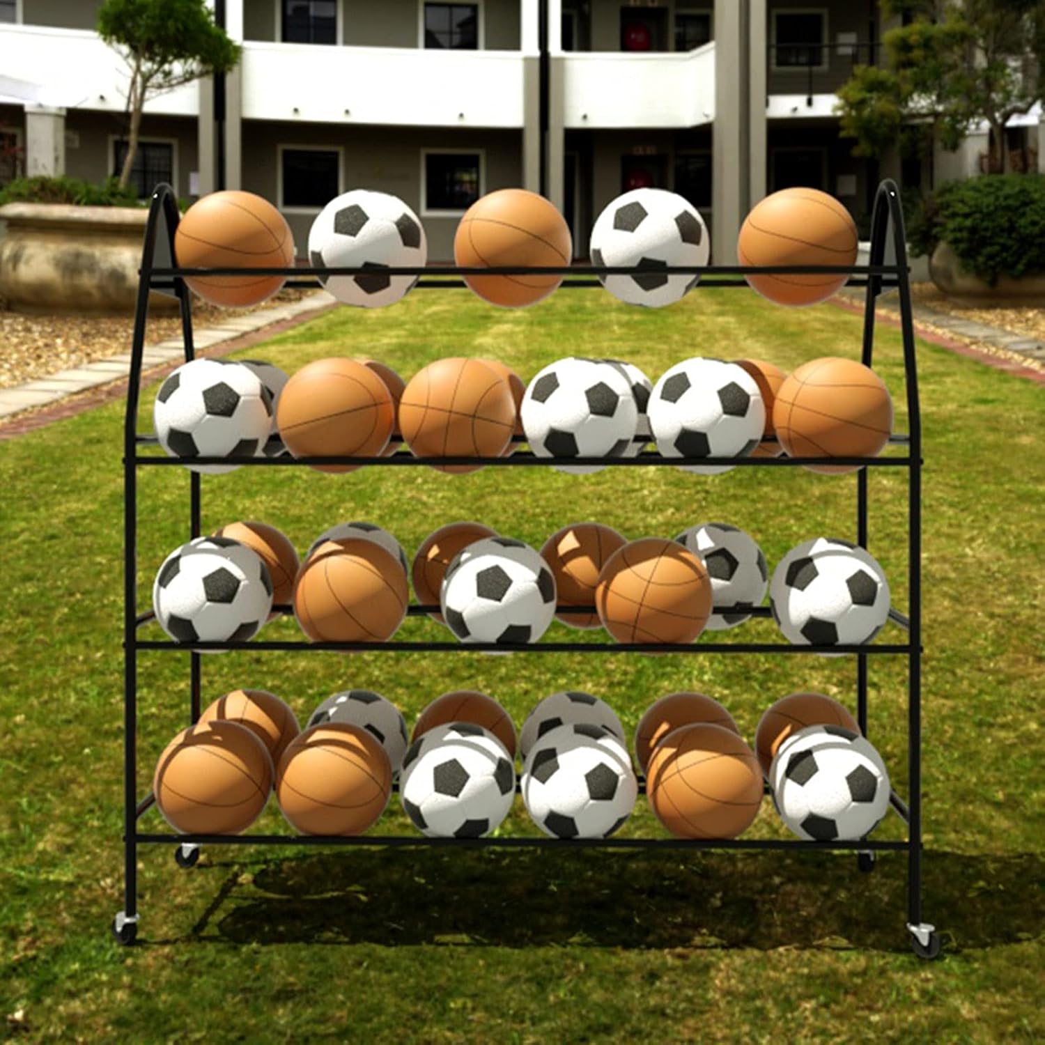 Commercial Gym Exercise Ball Holder Rolling Sports Ball Cart with Wheels, Douable Wide Soccer Balls Storage Organizer, Four-Layer Basketball/Volleyballs Display Rack