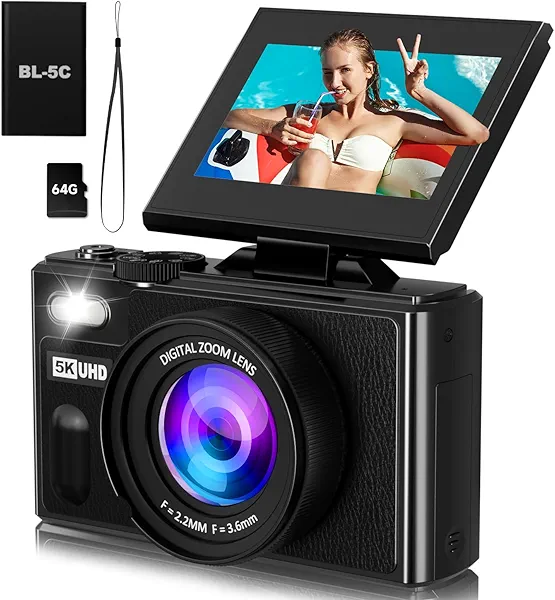 Digital Camera, 5K 80MP Travel Camera for Photography Compact Camera for YouTube with 3" 180° Flip Screen with 18X Zoom Autofocus Vlogging Camera with 64GB SD Card for Teens Beginner