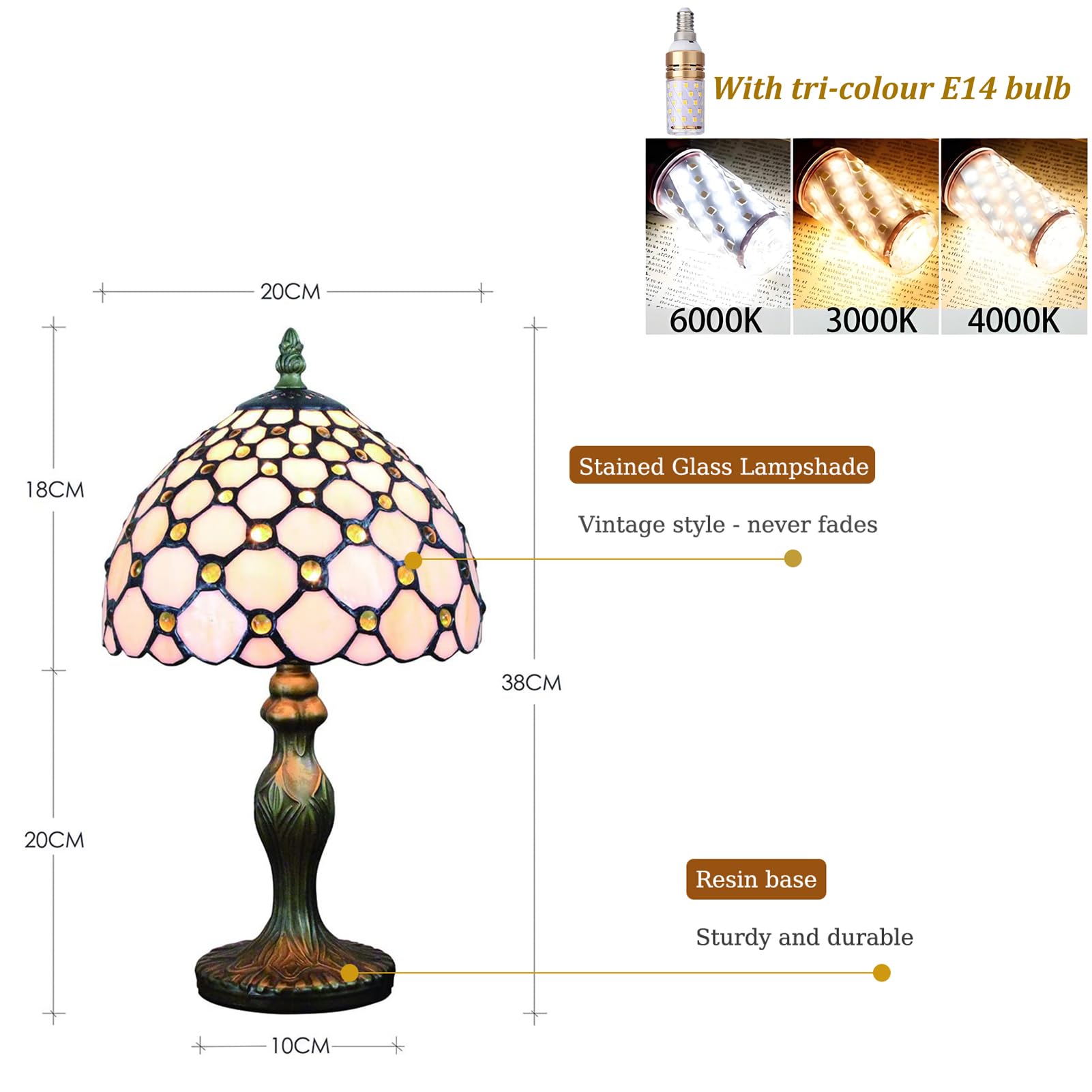 Tischlampe kleine im Tiffany Stil,Vintage Nachttischlampe,Schlafzimmer Fensterbank Deko Lampe,Jugendstil Tischleuchte,Beige Buntglas Lampenschirm 20cm / 8 Zoll mit LED E14 Birne
