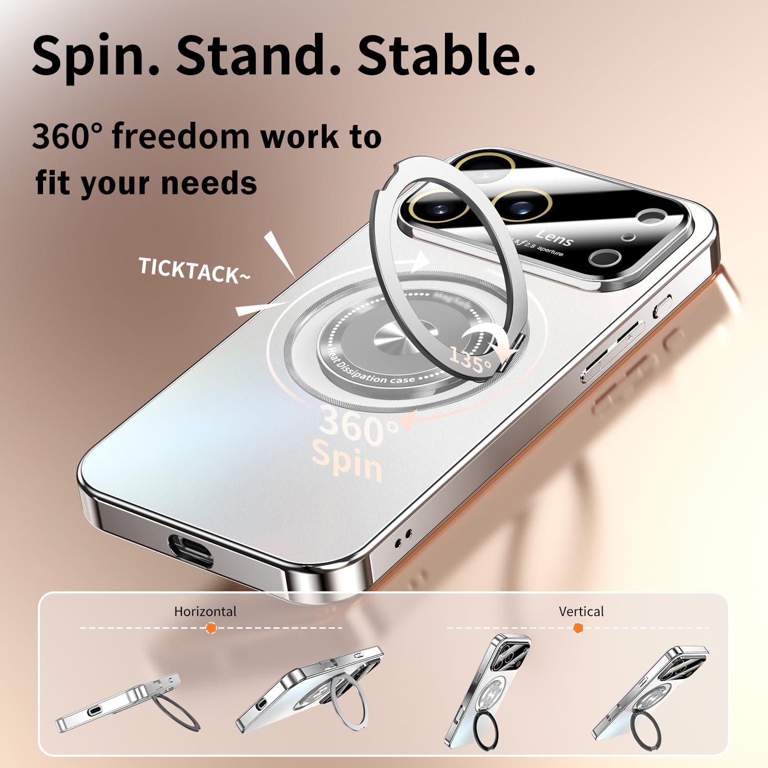 for iPhone 17 Pro Max Case with Spin Magnetic Stand [Integrated Camera Cover] [Fit for MagSafe] Slim Shockproof Protection Phone case with Kickstand 6.9'', Silver