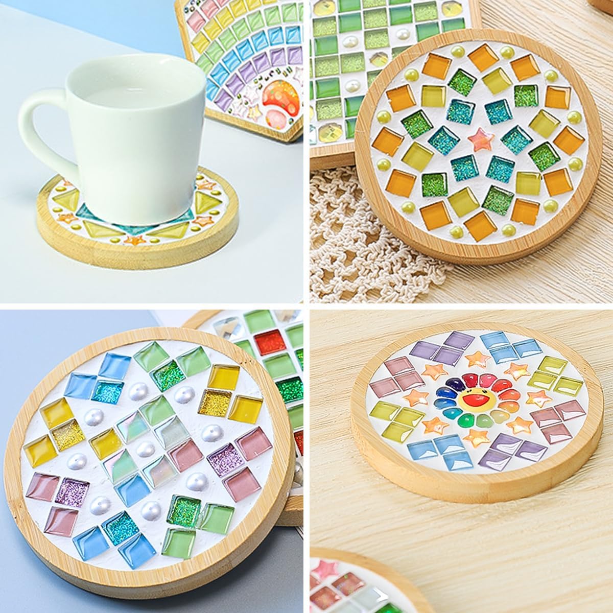 FOCCTS 6 Sets DIY Mosaic Coaster Kit - Mixed Color Mosaic Kits with Wooden Coasters for Adults, DIY Glass Mosaic Tiles for Crafts, Handmade Coaster Making Set for Handmade Home Decoration Gift (Round)