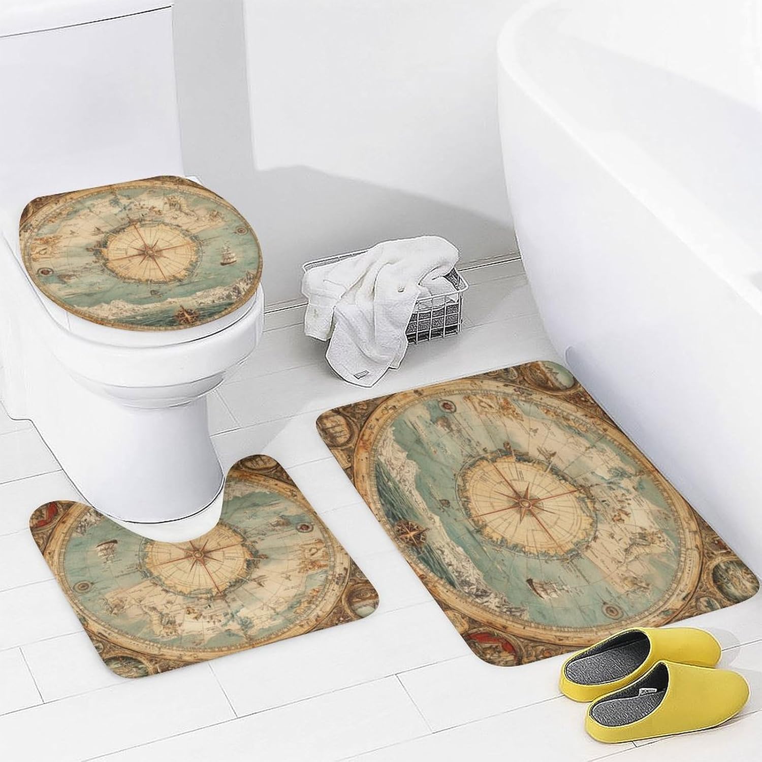 Antarctic Map Shower Curtains Set Bathroom Sets with Rugs (Bath Mat,U Shape and Toilet Lid Cover Mat)