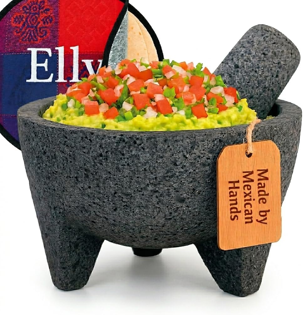 Elly Mexican Molcajete 8in, Handmade with Natural Volcanic Stone, Mortar and Pestle Set for Guacamole, Spices, Salsa, Pesto & More, Authentic Lava Rock, Includes Free Tortilla Warmer