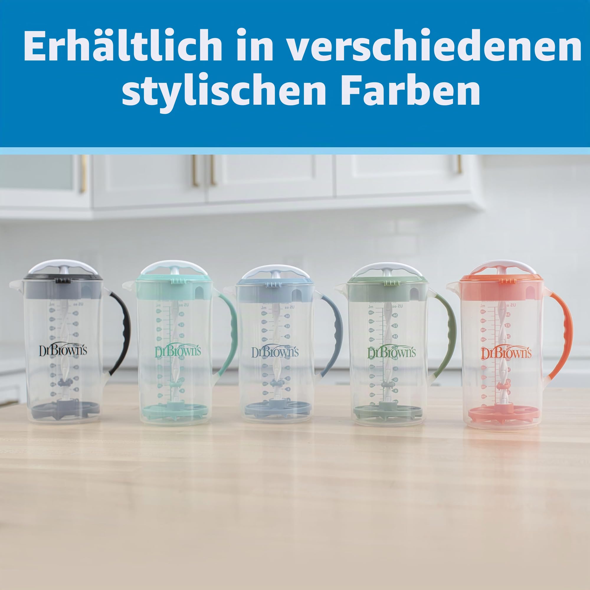 Dr. Brown's Baby Formula Rührkrug mit verstellbarem Stopper, verschließbarem Deckel und tropffreiem Auslauf, 900 ml, BPA-frei, Blau