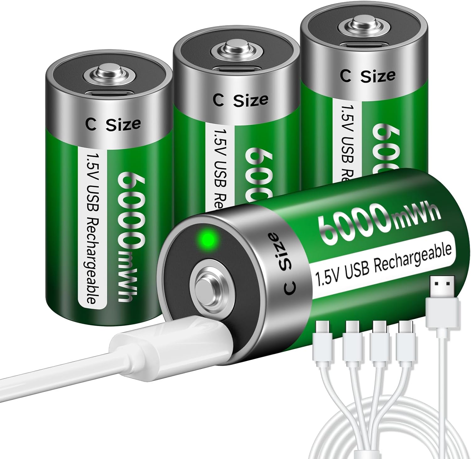 C Batteries 4 Pack, USB Rechargeable C Cell Battery, 1.5V 6000mWh C Size Battery LR14 with 4-in-1 USB-C Charging Cable