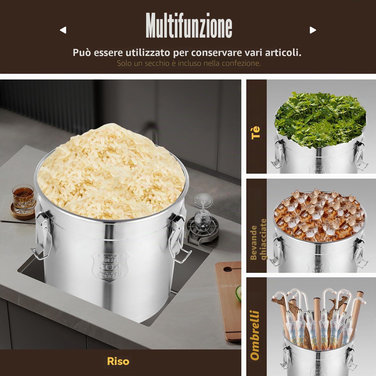 MINRS Secchio con coperchio, contenitore ermetico per alimenti, in acciaio inox, da cucina, in acciaio inox, con coperchio e morsetto di bloccaggio (33 L)