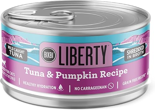 BIXBI Liberty - Comida húmeda enlatada para gatos, sin granos, receta de atún y calabaza en caldo, 2.75 onzas (paquete de 24)