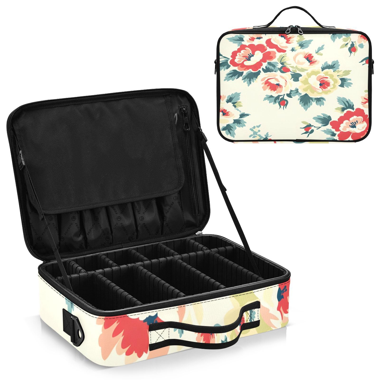 zyrtty Travel Makeup Train Case Red Flower Yellow Green Leaves Cosmetic Organizer Portable Storage Bag with Adjustable Dividers for Cosmetics Brushes Toiletry Jewelry Digital Accessories