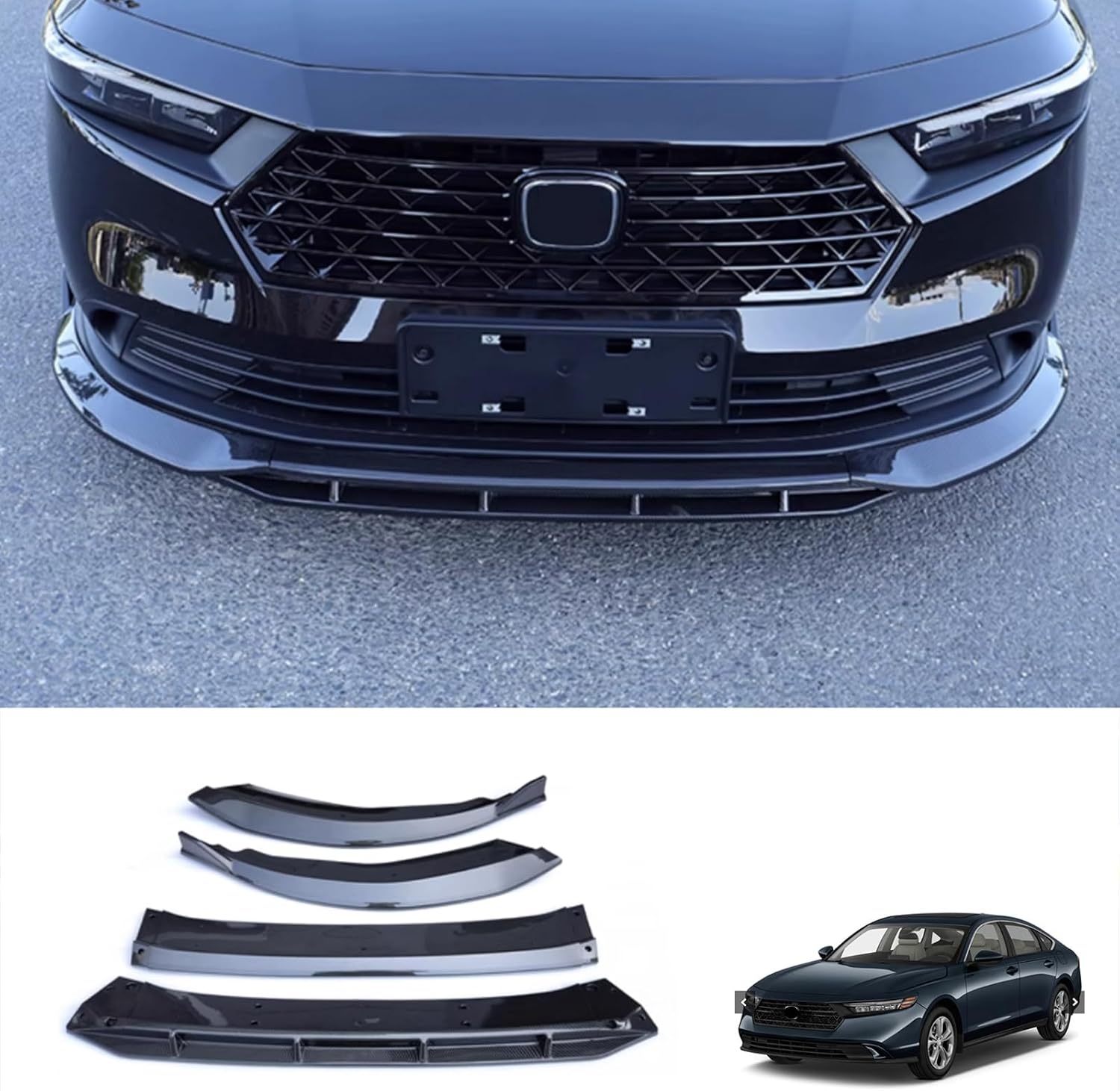 Car Accessories Front Bumper Lip Lower Chin Spoiler Splitter Compatible with Honda Accord 2023 2024 2025 2026 (Glossy Black) 4PCS ABS