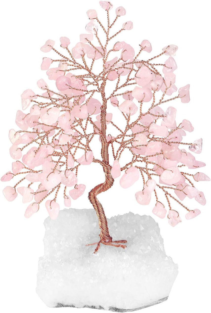 Top Plaza Rose Quartz Healing Crystals Copper Money Tree Wrapped On Clear Quartz Cluster Geode Druzy Base Home Office Desk Decor for Reiki, Good Luck, Wealth, Feng Shui