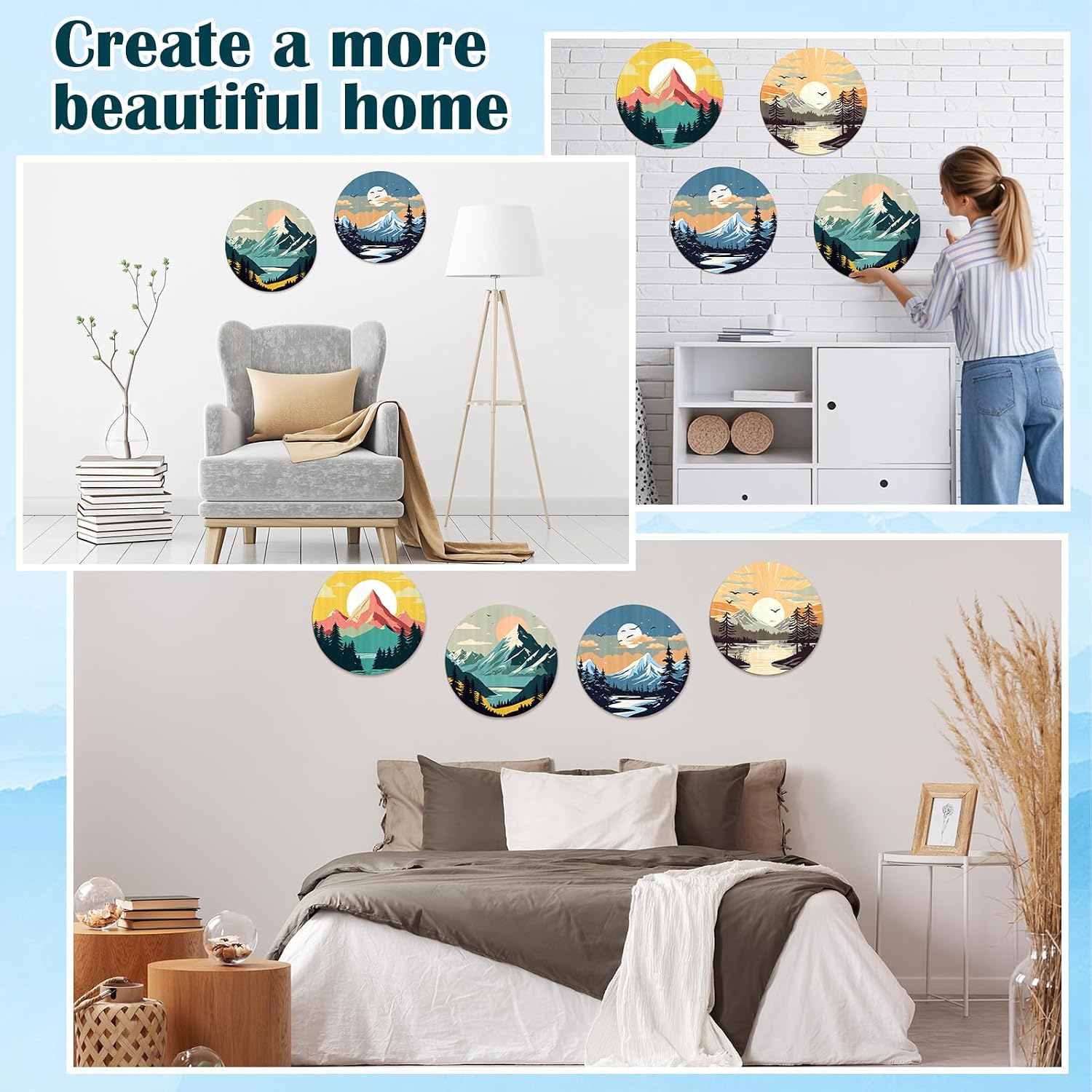 Faccito 4 Pack Wooden Landscape Paint by Numbers Kit for Adults Beginners 8 Inch Unfinished Round Wood Board Acrylic Paint Nylon Brush Hook Distant Mountains Sunset Lake DIY Crafts for Home Wall Decor