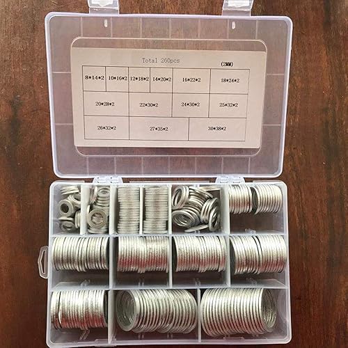 Miniatura 3 de Kit surtido de 260 juntas de arandelas de anillo plano de aluminio métrico de 13 tamaños