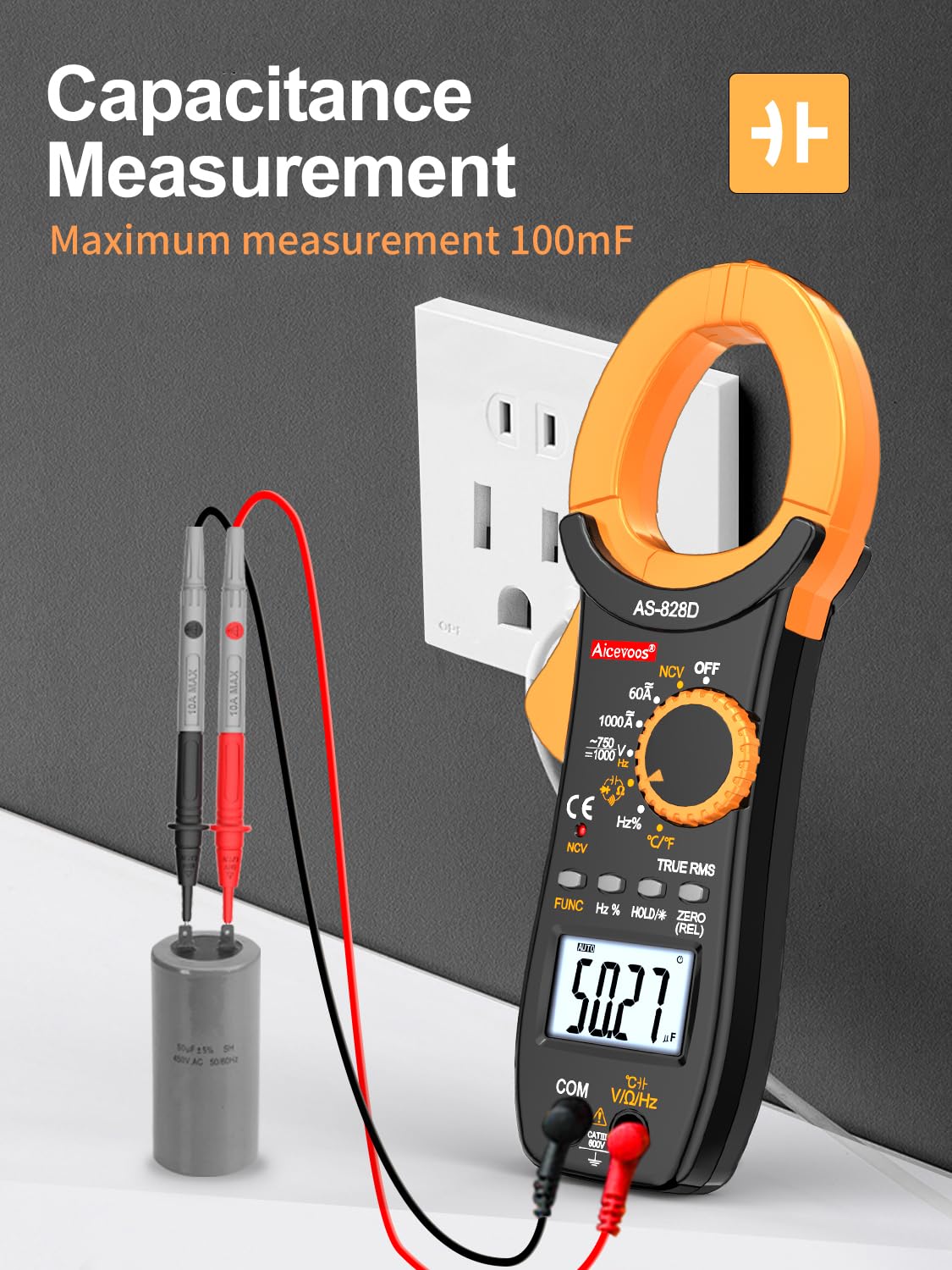 Stromzange Strommesszange Zangenamperemeter ac dc Strom 1000A True-RMS Auto-Ranging, misst Strom Spannung Temperatur Kapazität Widerstand Dioden (AC/DC Strom)