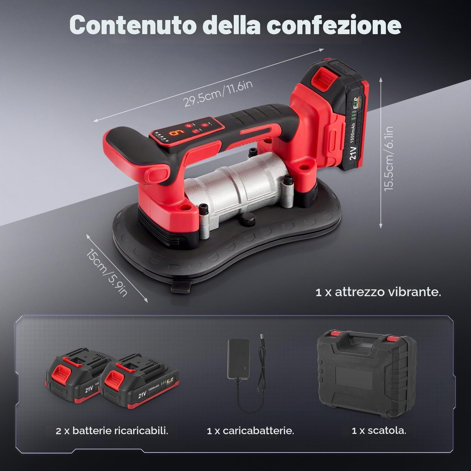 Vibratore per piastrelle e ventose a batteria 2 in 1 con leva, 9 livelli, 285 x 150 mm, ventosa 200 kg, adsorbimento per piastrelle di grandi dimensioni da parete e pavimento