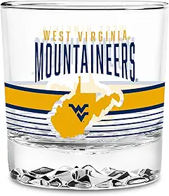 Rico Industries NCAA West Virginia Mountaineers Standard 326.0 g Rocks Glass – Copo de vidro transparente de base pesada, copo durável para coquetel de uísque para bar em casa, cozinha ou