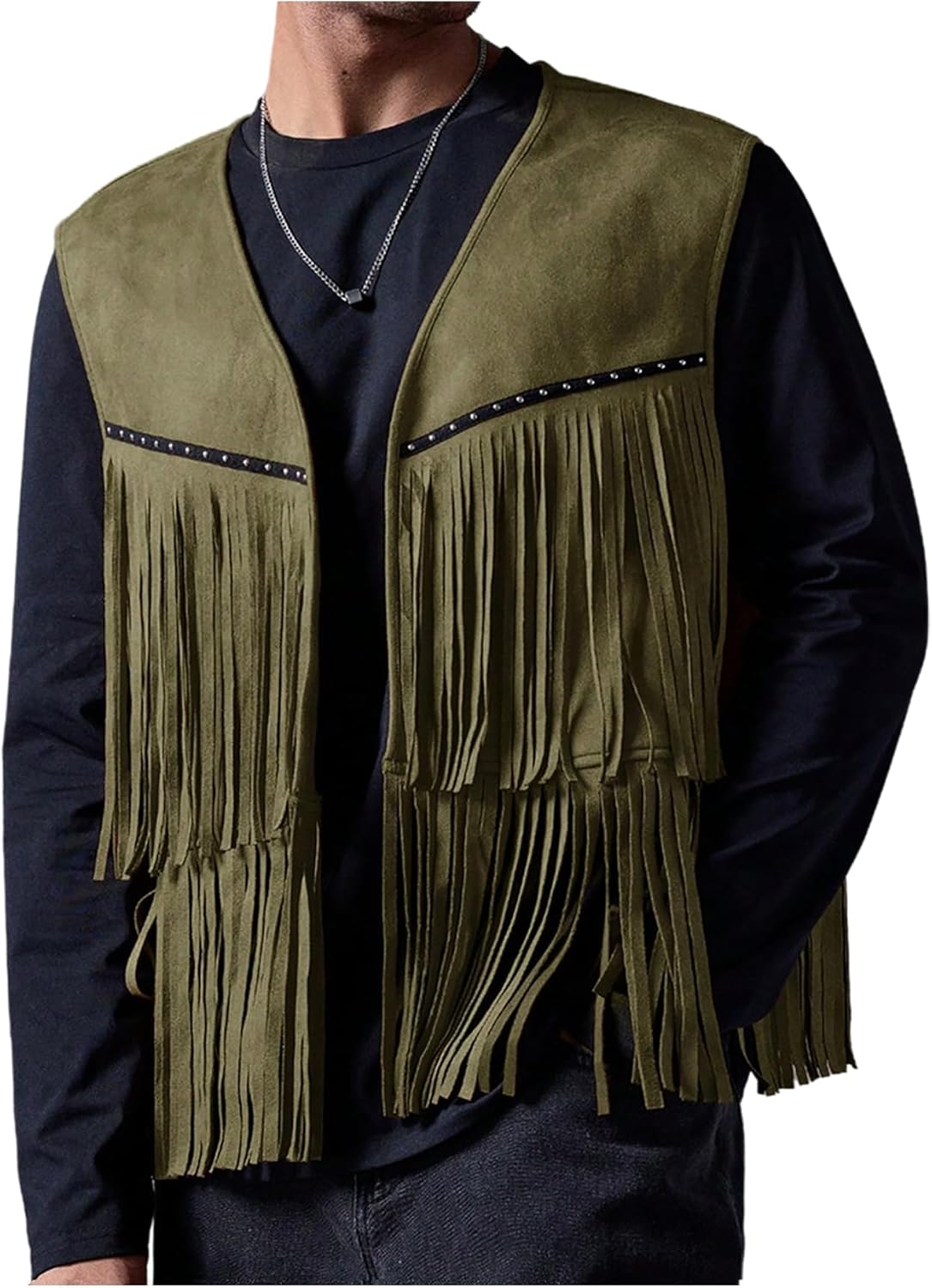 OYOANGLE Men's Casual Suede Top Shirt Boho Fringe Trim Open Front Sleeveless Vest Jacket Waistcoat