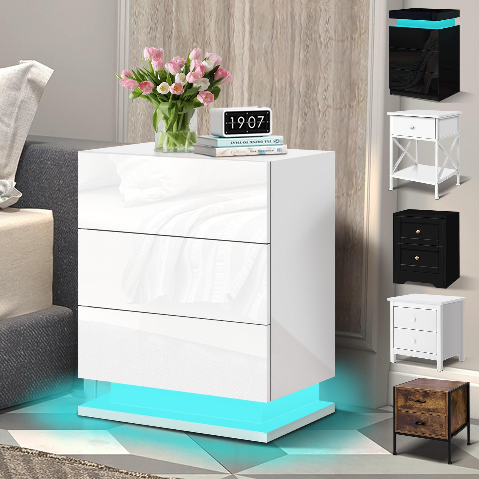 ELFORDSON LED Bedside Table with 3 Drawers, 4-side High Gloss, 16 RGB LED Colours, Bedside Cabinet with Plug, Remote Control, Side Table Nightstand for Bedroom Living Room Home Furniture, White