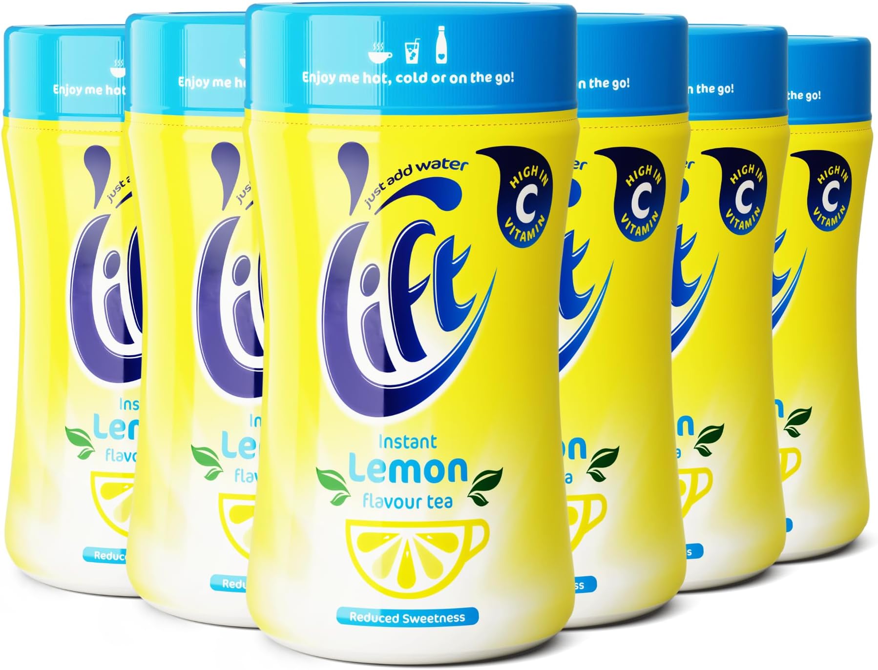 Lift • Instant Lemon Flavoured Tea • Reduced Sweetness • 6 x 165g Jar (Multipack) • Enjoy Hot or Cold • Refreshing • Sweet • Citrus • Convenient • Just Add Boiling Water • 24kcal per 2 heaped tsp