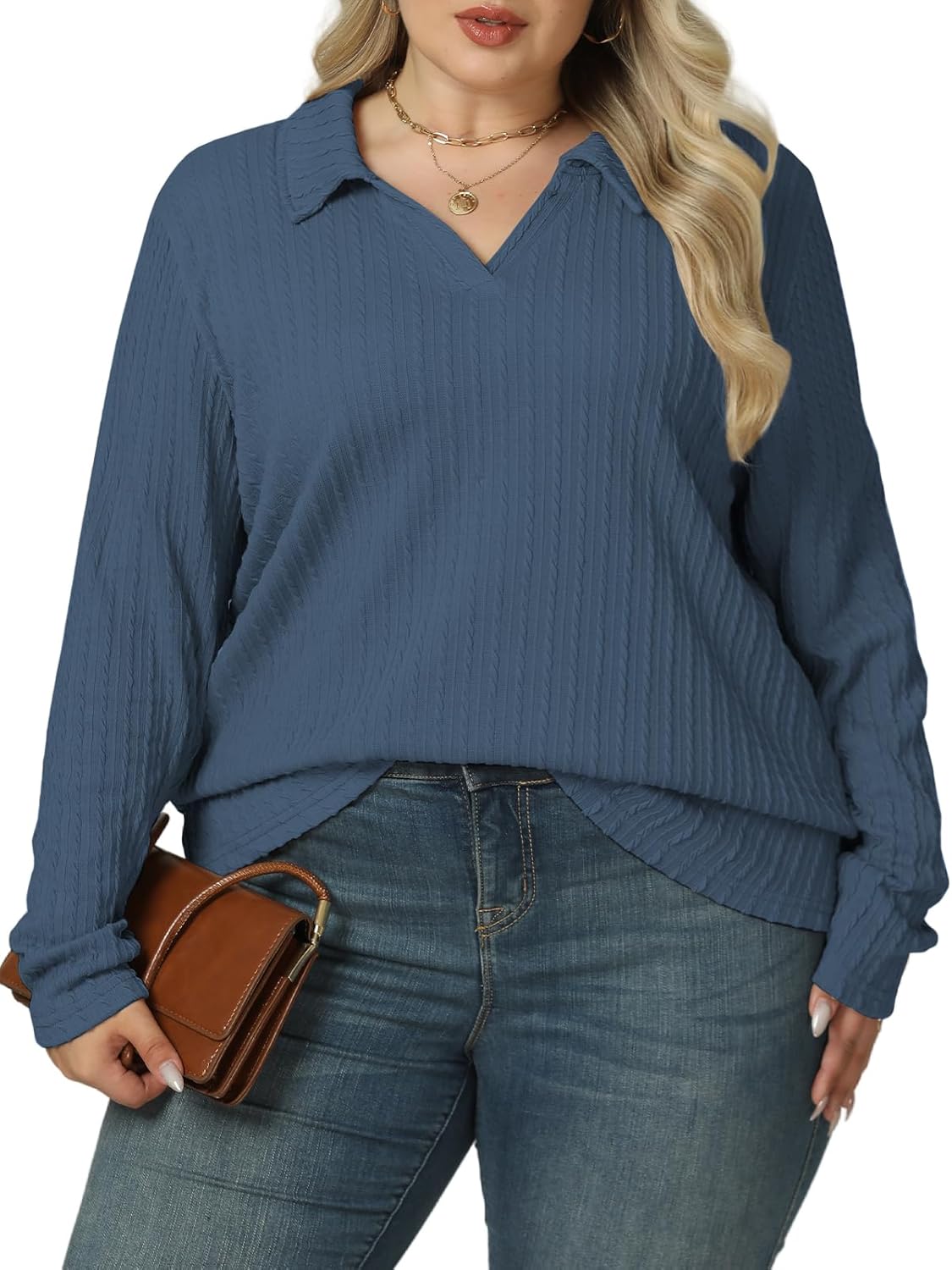 VISLILY Womens-Plus-Size-Tops-2025 Polo V Neck Shirts Lapel Collared Work Blouses Casual Long Sleeve Knit Tunics XL-5XL - Image 2