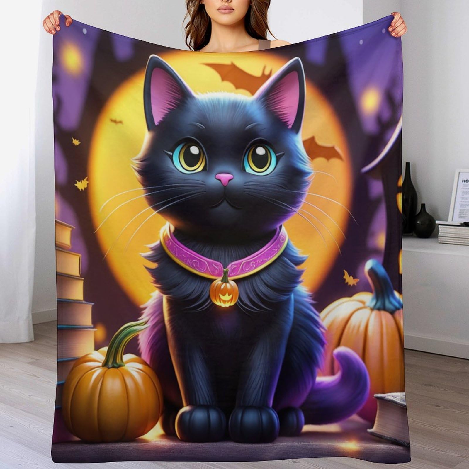 Plaid couverture de Halloween chat en flannel polaire douce chaude lit 180x200