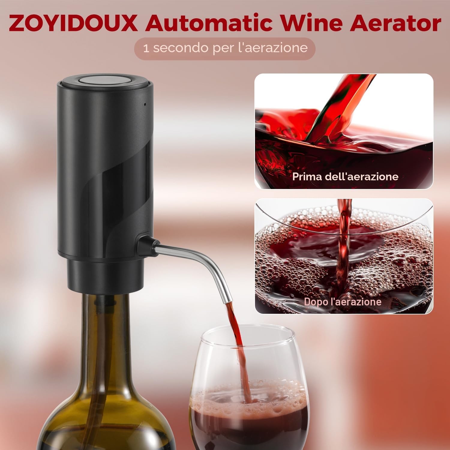 ZOYIDOUX Versatore Elettrico per aeratore per Vino Ricaricabile 3 in 1 Automatico Decantatore di Vino con Tappo per Vino Regali per Gli Amanti del Vino, Nero