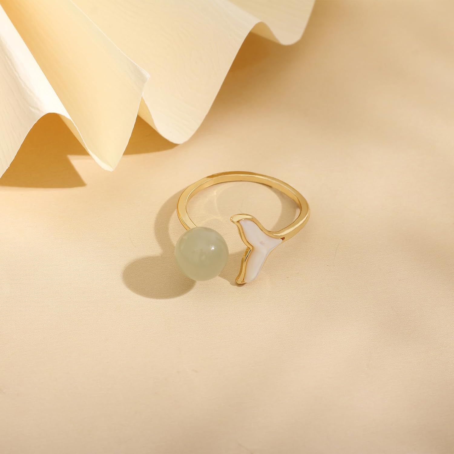 Natural Hetian Jade Ring for Women, Dainty Lucky Green Jade Finsh Tail Rings Handmade Adjustable Band Jewelry Gift for Valentine and Mom (925 Sterling Silver with Gold Plated) - Image 6