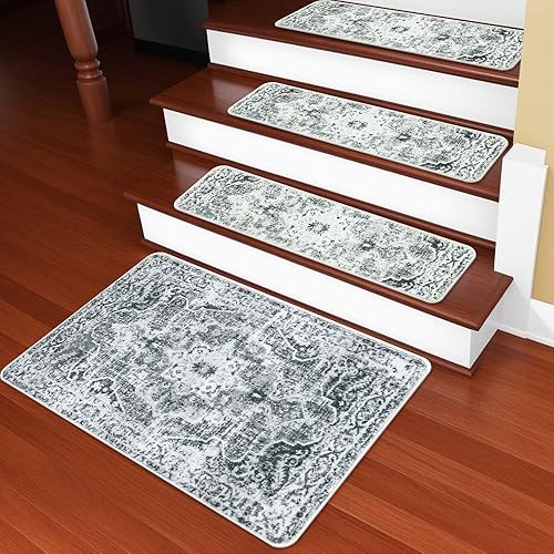 Miniatura 74 de OJIA Alfombra antideslizante a juego para peldaños de madera, parte trasera de goma cuadrada antideslizante, alfombra de aterrizaje para escaleras