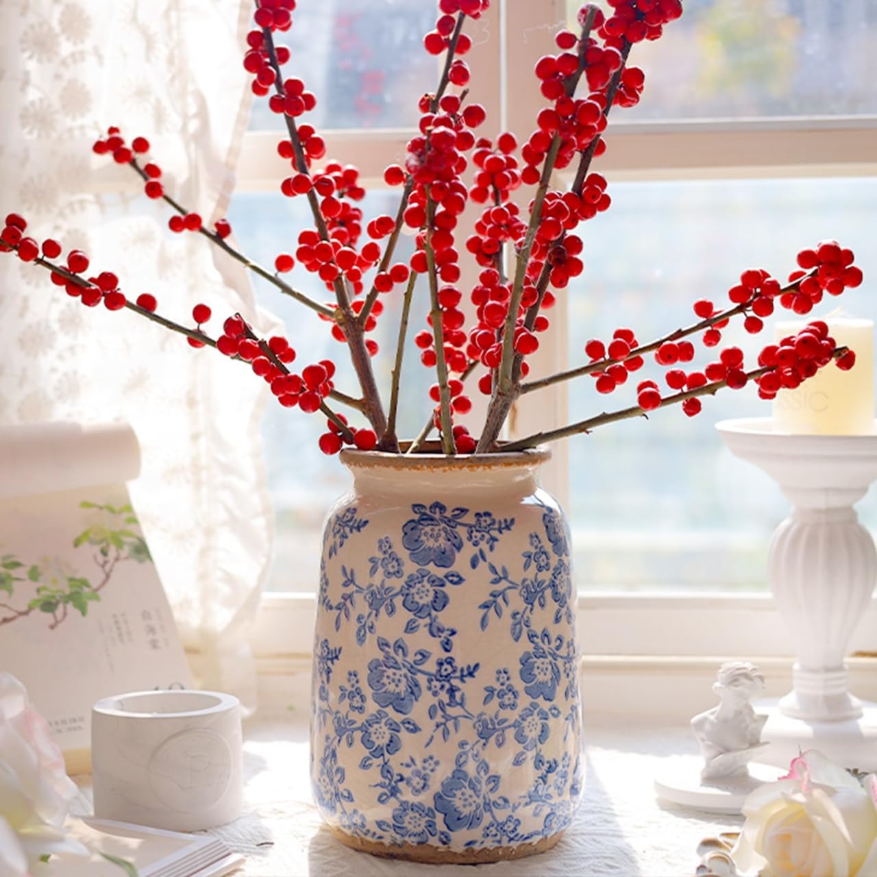 Vintage Blue and White Chinoiserie Ceramic Vase, 6.9” Hand-Painted Peony Floral Design, Antique Style Vases for Home Decor, Centerpieces, Living Room, Balcony (Blue and White) - Image 5