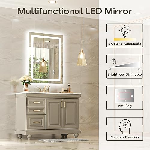Miniatura 2 de USHOWER Espejo LED de 24 x 32 pulgadas para baño, espejo de baño LED frontal y retroiluminado con antiniebla, 3 colores regulables, función de