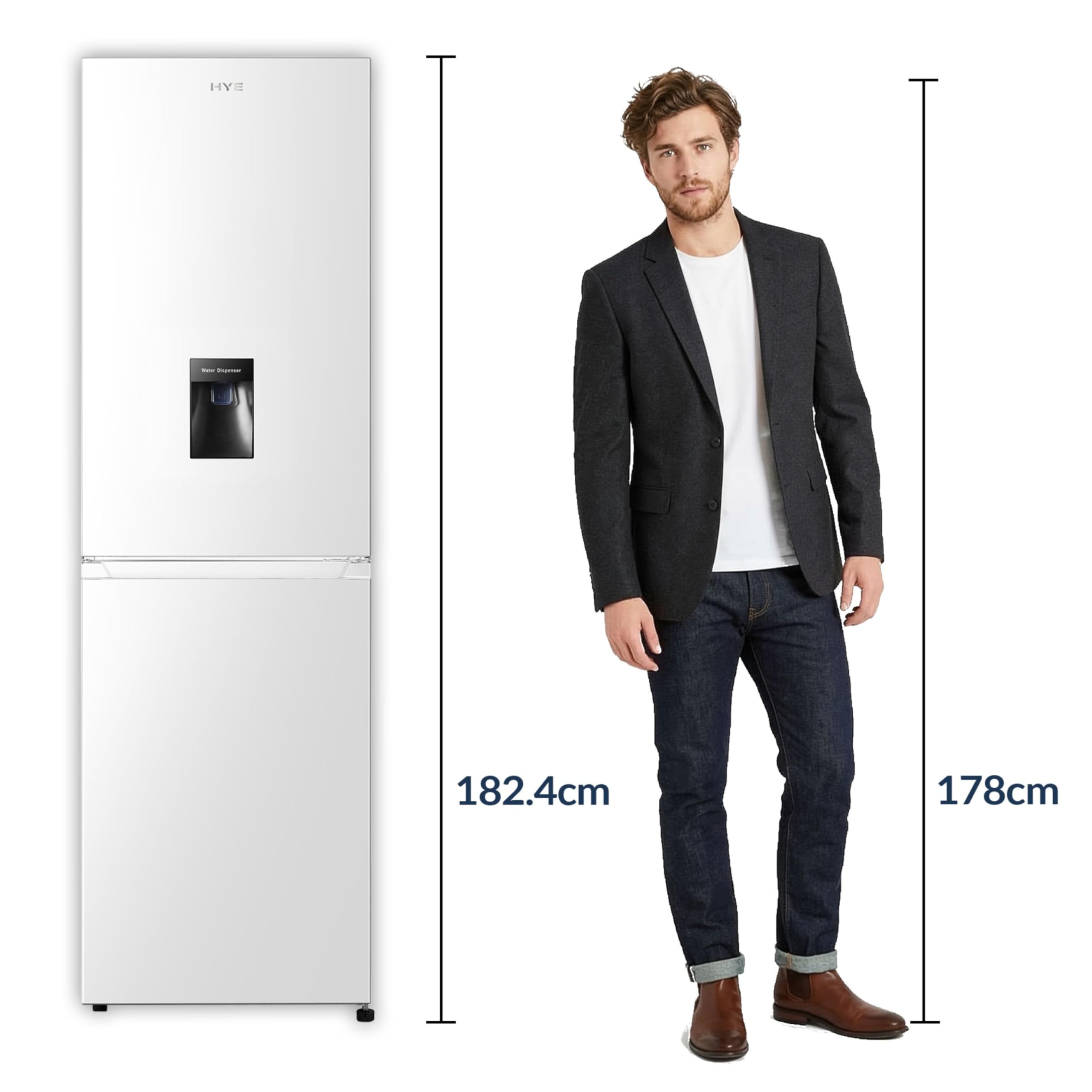 HYE Fridge Freezer - 50/50 Freestanding Fridge Freezer, 182.4cm Height, 55cm Width, 256 Litre Capacity, Total No Frost & Non-Plumbed Water Dispenser, White - RF01FF256W18 — view 8