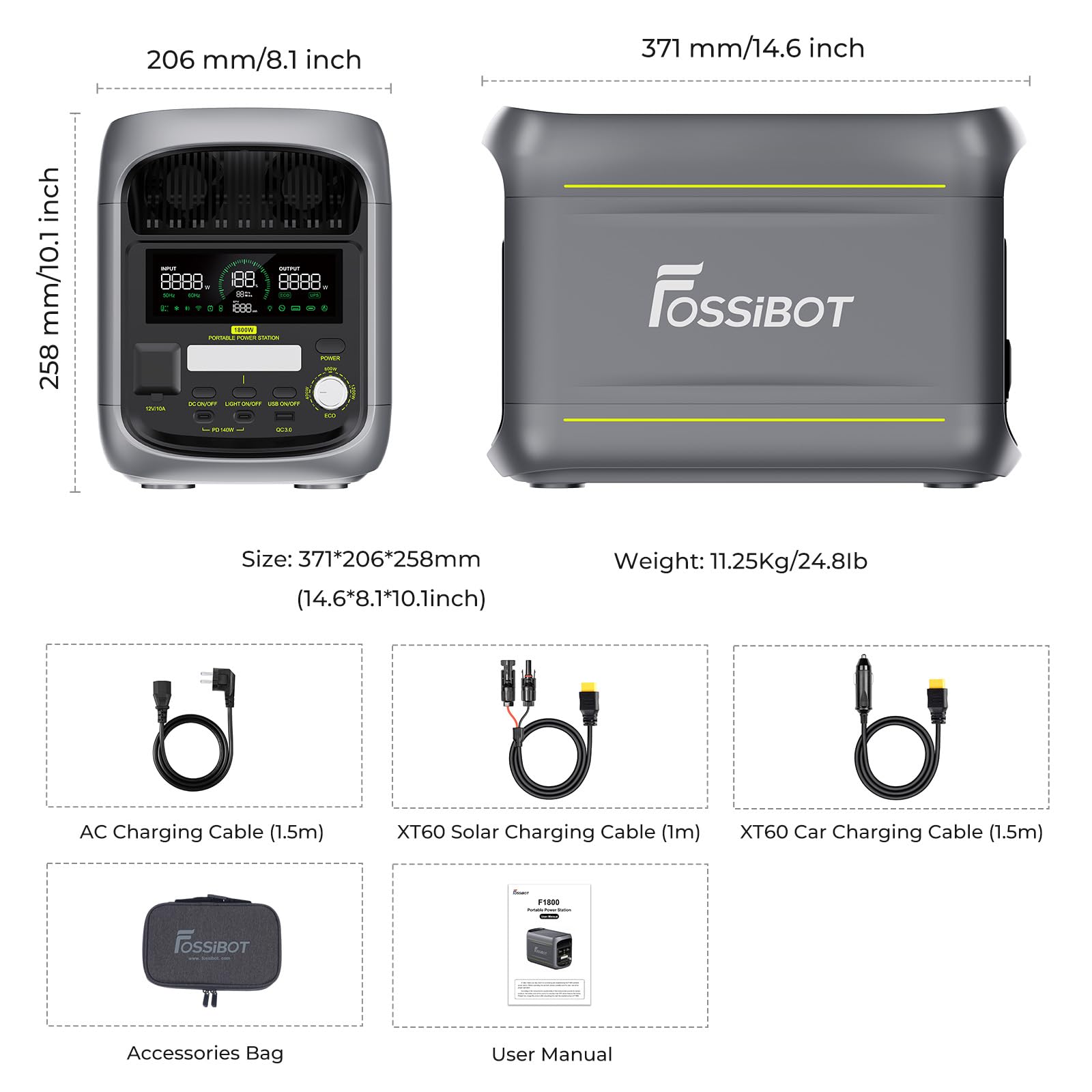 FOSSIBOT F1800 Tragbare Powerstation 1800W, 1024Wh LiFePO4 Solargenerator, 100W Typ-C, 45 Min. Schnellladung von 0-80%, für Reise, Camping, Hausgebrauch