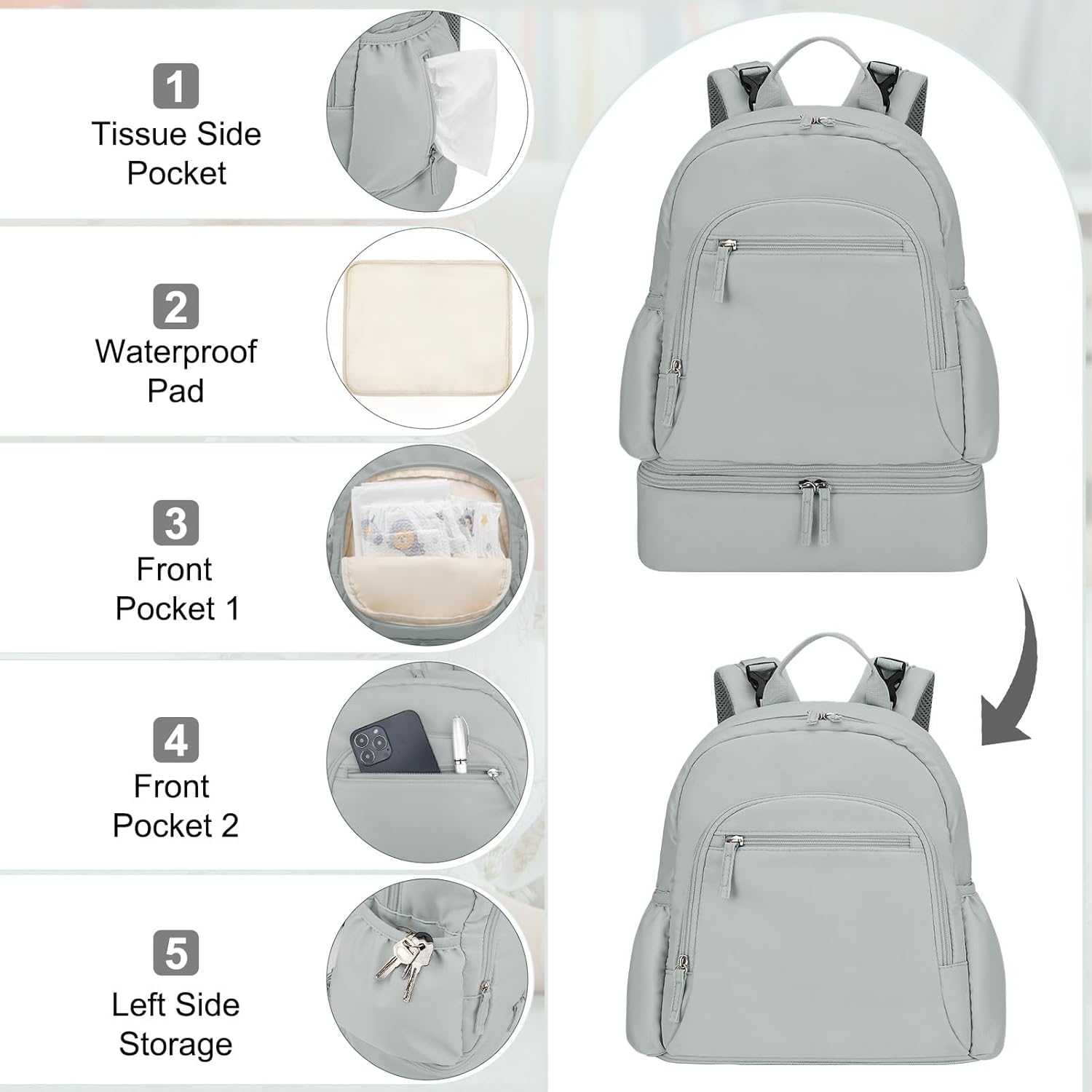 Breast Pump Backpack Fit for Spectra S1/S2 with Removable Cooler Compartment, Breast Pump Bag Fit Pump Accessories for Working & Nursing Moms, Breast Milk Cooler Bag for Travel and Family Use Grey