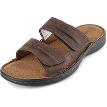 TIESTRA Mens Adjustable Leather Slide Sandals Comfortable Lightweight Summer Memory Foam Sandals Casual Beach Slip On Sandals for Men Indoor & Outdoor