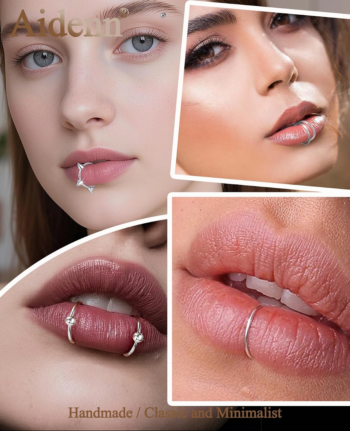 Aidenn Silver Black Stainless Steel Fake Lip Ring Piercing Cuffs, Adjustable Non-Piercing Lip Hoops Snakebite Clip, Vampire Teeth Fangs Ring Ear Cuff Earrings Fake Piercing Jewelry for Women