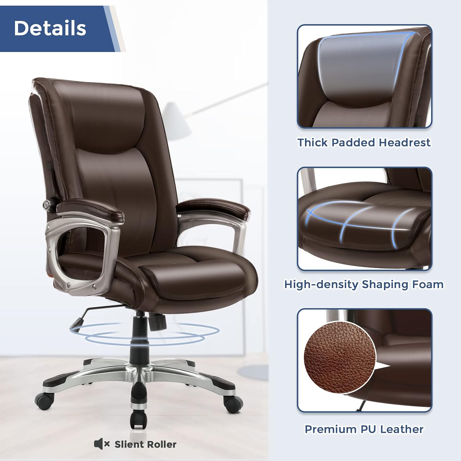 Executive Office Chair, Ergonomic Home Office Desk Chair Adjustable Managerial Chairs Rolling Swivel Task Chair Lumbar Support High Back PU Leather Chair with Arms and Wheels, Chocolate
