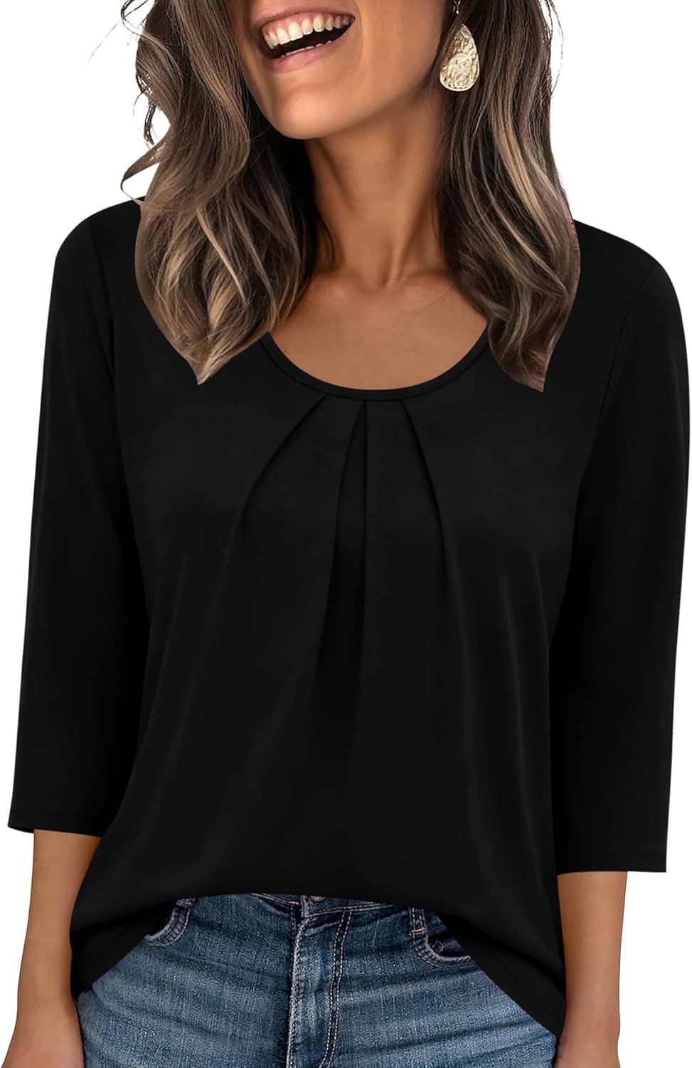 LOMON 3/4 Length Sleeve Womens Tops Summer Casual Pleated Crew Neck Blouses Loose Fit Tunic Shirts