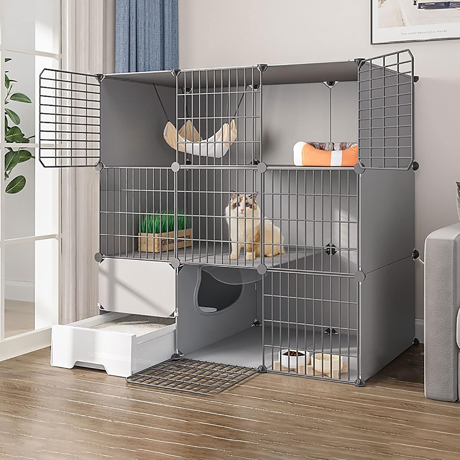 Cat Cage Indoor with Litter Box,Cat Cages Playpen Cat Enclosure Detachable Metal Small Animal Cage DIY Kitten Playpen Extra Large Space for Small Pet Cat Puppy,75x49x109cm