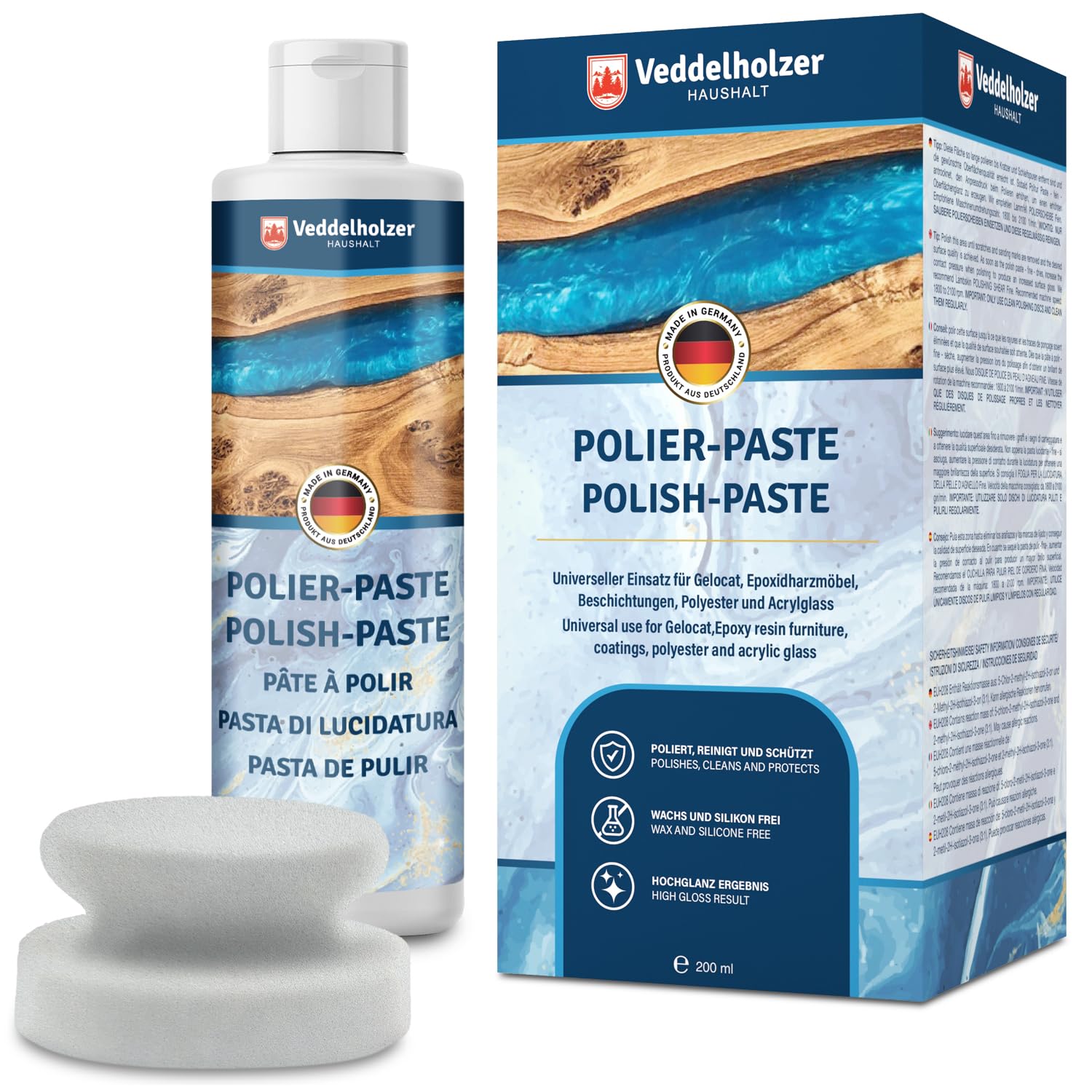 Veddelholzer 200 ml Profi Polierpaste + Polierschwamm für Epoxidharz Möbel Tisch, Acrylglas, Polyester, Gelocat sowie Glasfaser und Carbonfaserverstärkte Kunststoffe. Hochglanz Zubehör