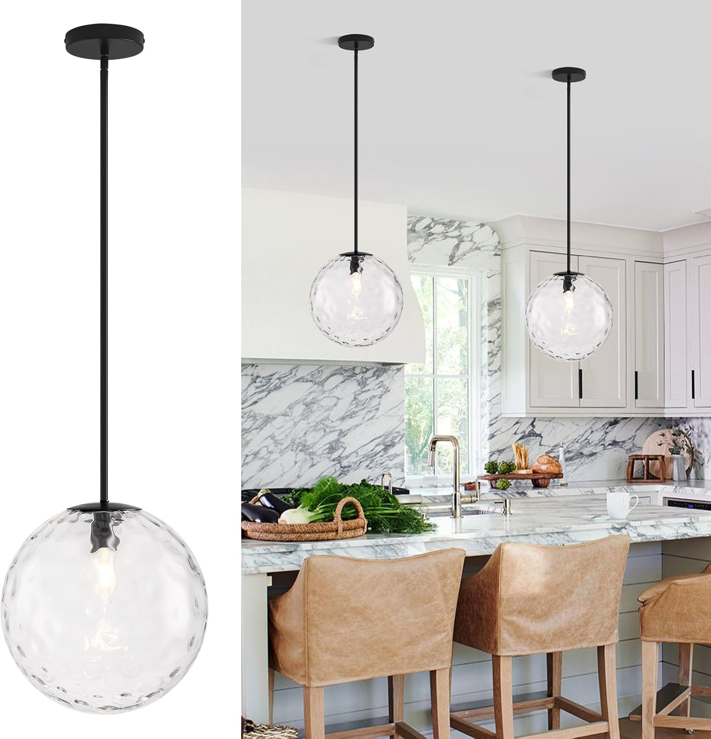 11.8in Hammered Glass Pendant Light, Large Mid Century Modern Pendant Lights Kitchen Island, Black Fininsh Hanging Light for Dining Room Over Table Sink Hallway, Black & Hammered 1 Pack