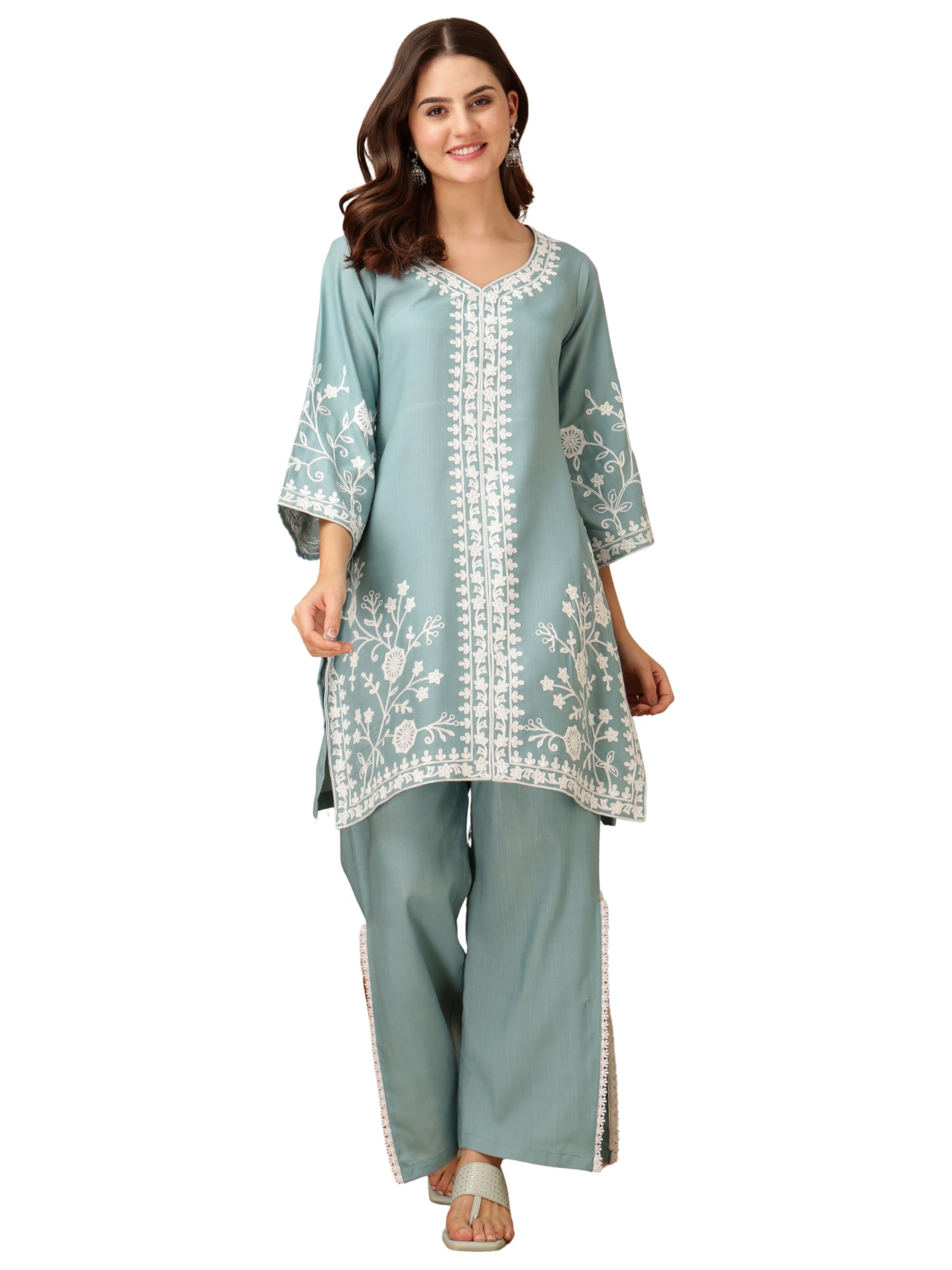 ethnicjunction Women's Cotton Blend Chikankari Embroidery A-Line Kurta Palazzo Set-picture-40