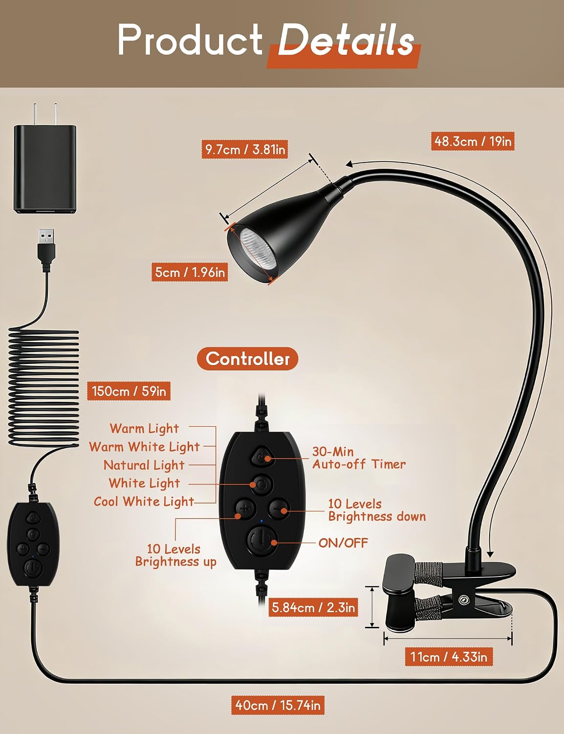 Reading Light for Book in Bed,Clip on Light Reading Lamp with Adapter Black | 5 Color Modes 10 Brightness, Flexible Eye-Caring Clip on Desk Lamp Book Light for Reading in Bed Headboard Bedside Bedroom