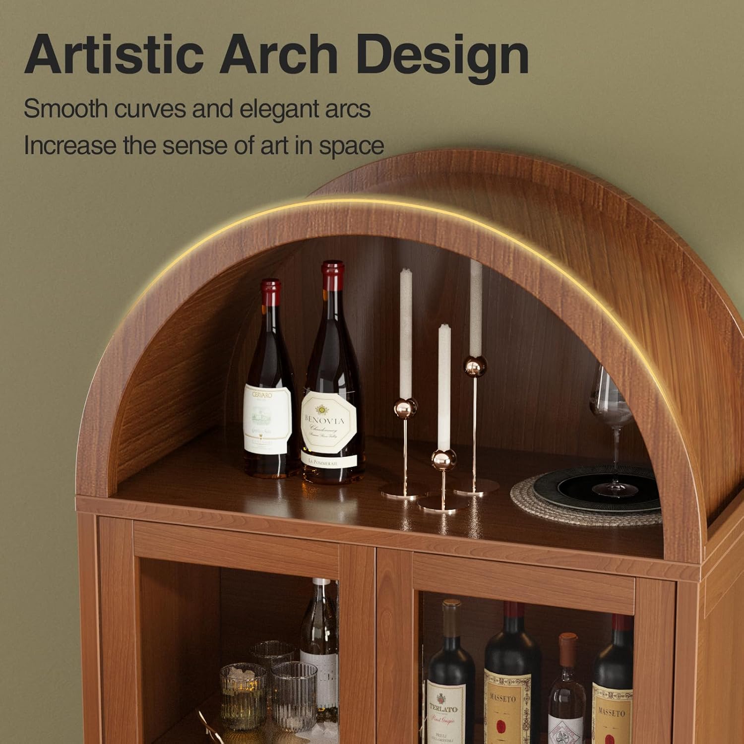 FiveWillowise Kitchen Pantry Cabinet with Glass Doors - Arched Design, Metal U Legs, Artistic Slatted Door, Adjustable Shelves, 78.4" Curved Storage Cabinet for Kitchen, Dining Room