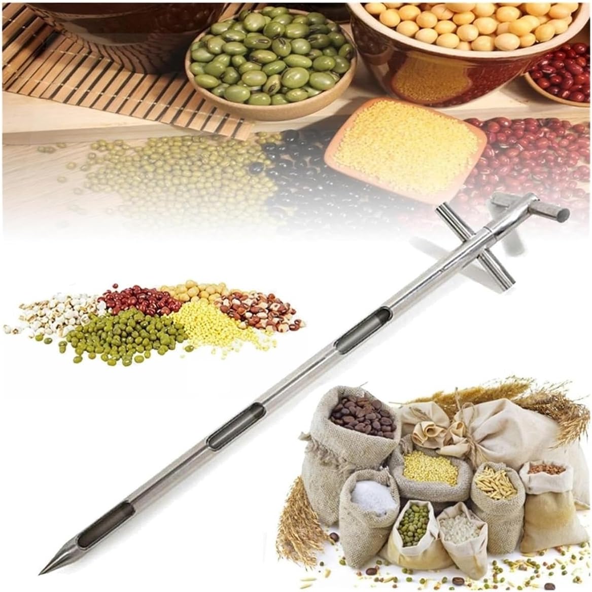 Stainless Steel Grain Powder Sampler Tube, 3-Slot Rotary Handle Soil Probe for Granular Chemicals, 1m Length (3.3ft), 19mm Diameter (3/4")