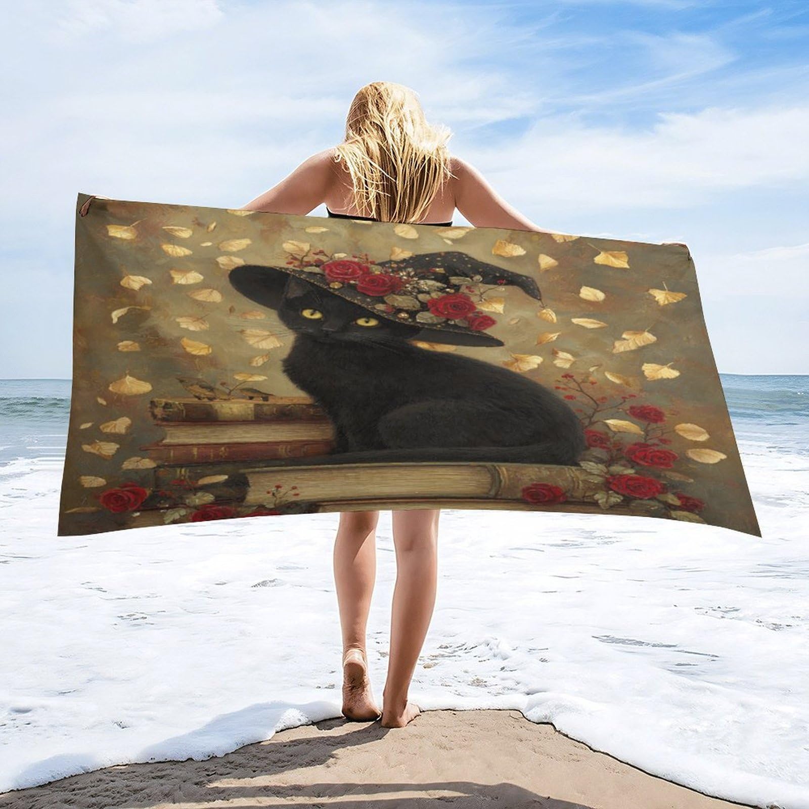 Luyysky Fantasy Gothic Black Cat Quick-Drying Beach Towel, Classic Rustic Animal Cat Red Rose Flowers Ginkgo Leaves Book Travel Vacation Single Sided Pile Bathroom Towels-80 W Cm X 160" L Cm