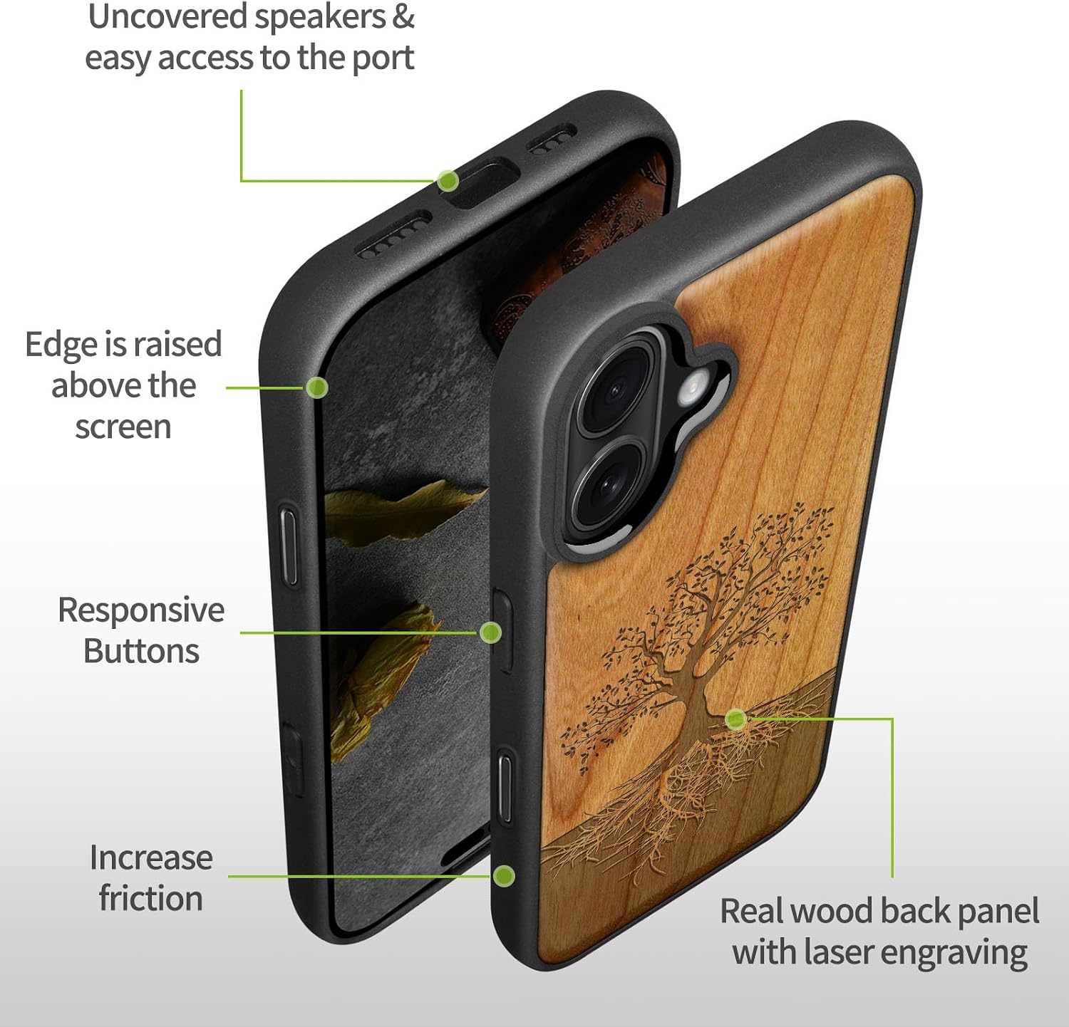 Carveit Magnetic Wooden Case for iPhone 17 Case, Wood Artisan Engraved & Black Soft TPU Shockproof Cover, Compatible with MagSafe Wireless Chargers (The Yin Yang Tree) Cherry