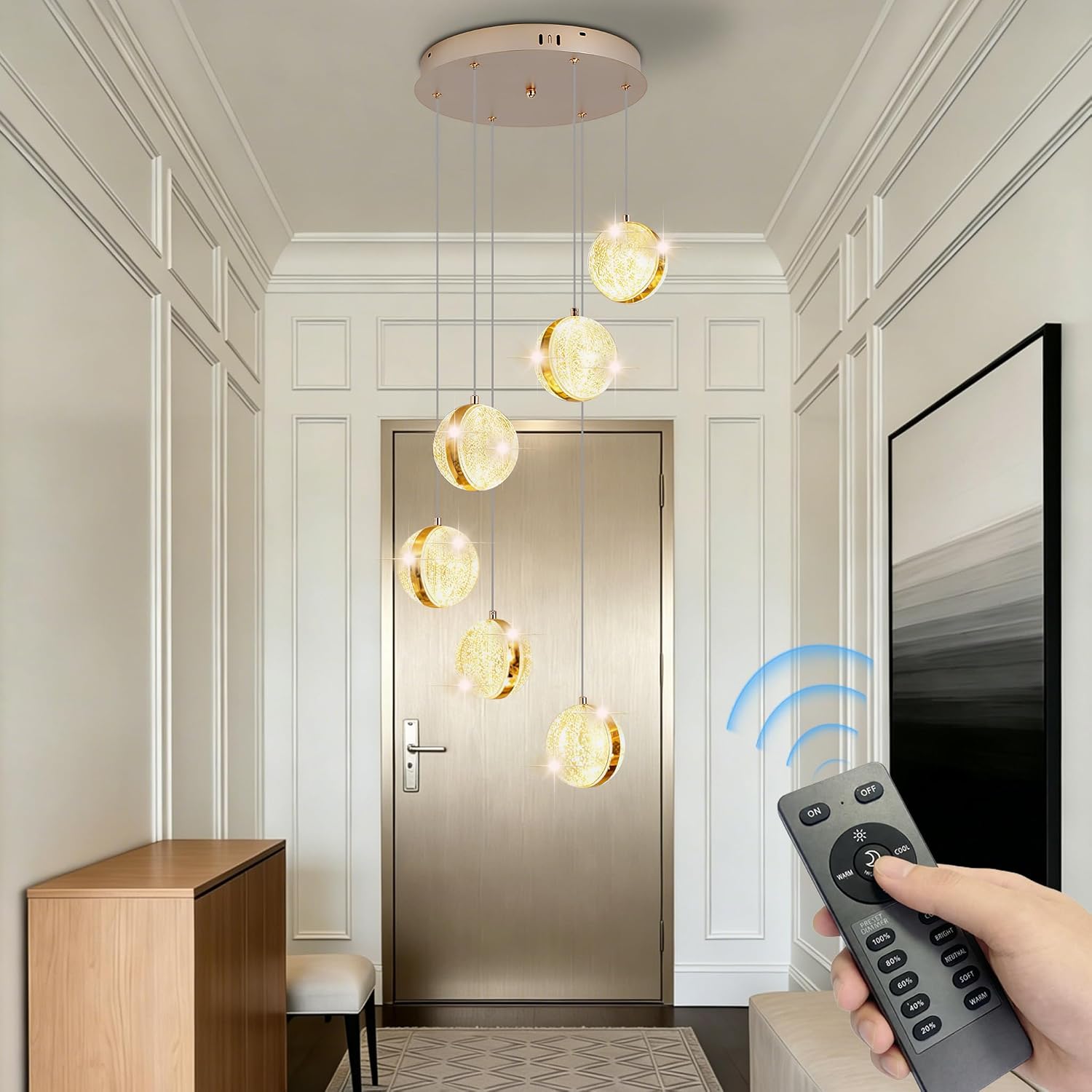 LED Pendant Light, Dimmable Chandelier with Remote, Modern Hanging Lamp Extendable Cord up to 37.8" for Flat/Sloped/Vaulted Ceilings, Acrylic Crystal Light for Living Room Dining Room(6 Lights)