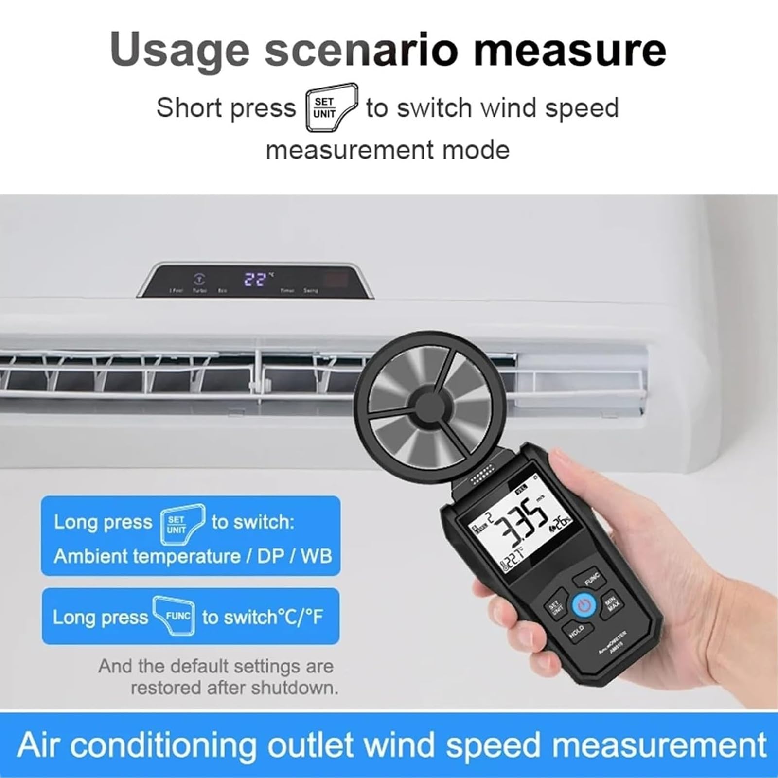 Przenośny anemometr, miernik prędkości wiatru z podświetlanym kolorowym wyświetlaczem LCD i regulowanym w zakresie 180° wentylatorem obrotowym, służy do pomiaru prędkości wiatru