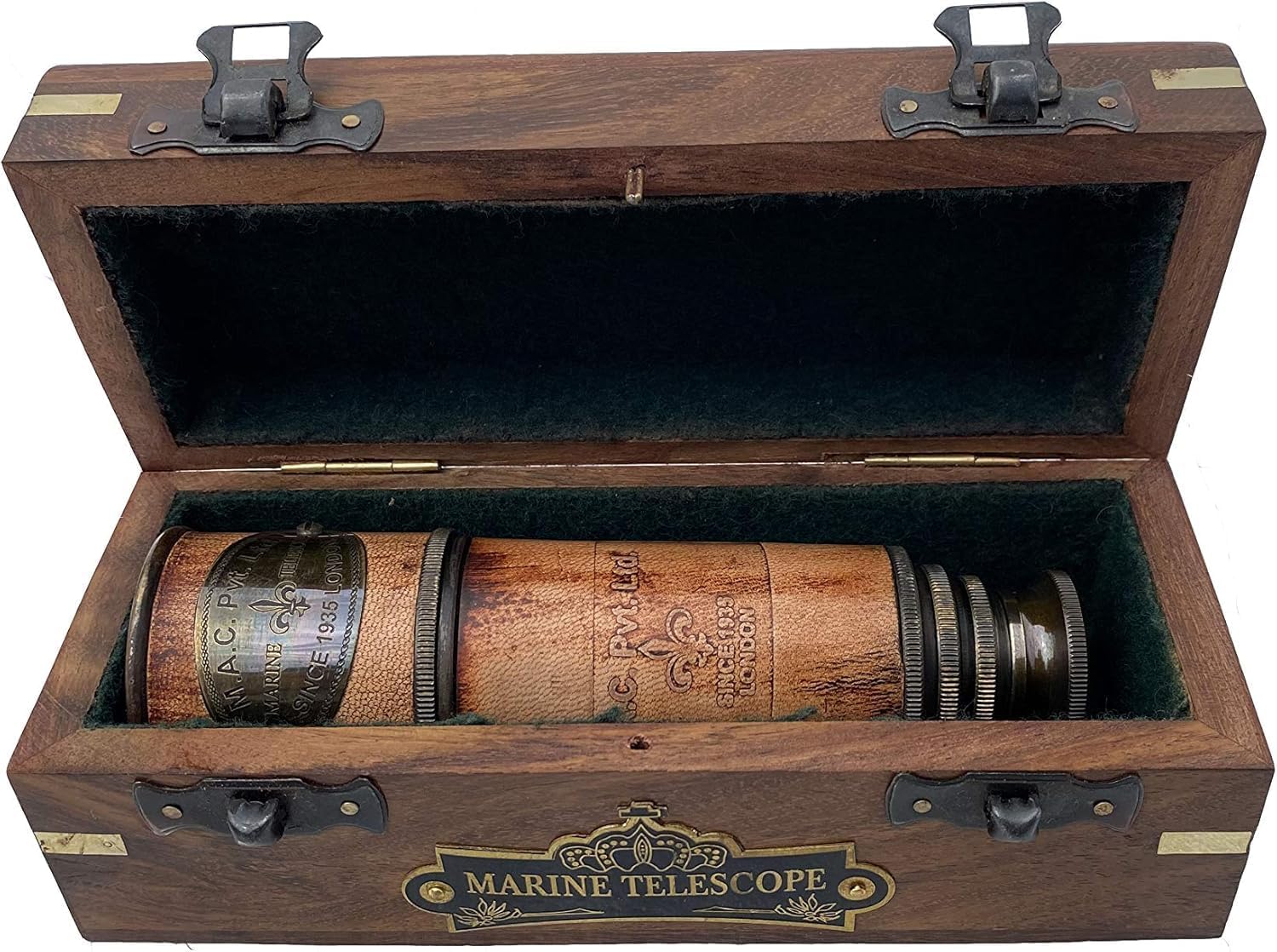 Telescope Maritime Sailors Masterpiece – 15" Handheld Brass Spyglass with Wooden Box – Nautical Pirate Scope – Vintage Marine Telescope for Collectors Gift