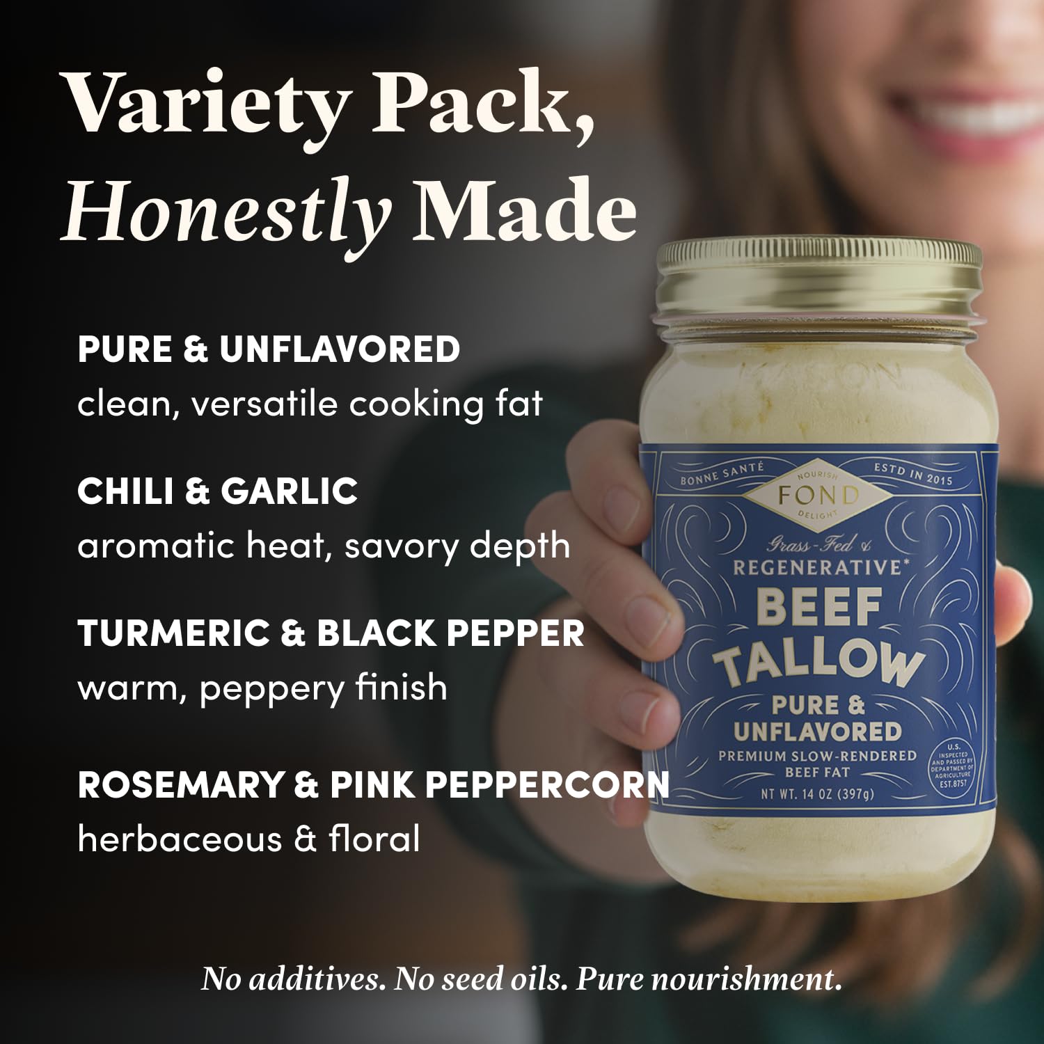 FOND Regenerative Grass-Fed Beef Tallow for Cooking – High Smoke Point Grass Fed Beef Tallow for Frying, Sautéing, & Roasting – Sustainably Sourced, Seed Oil Free – Variety Pack, 14oz (4-Pack)
